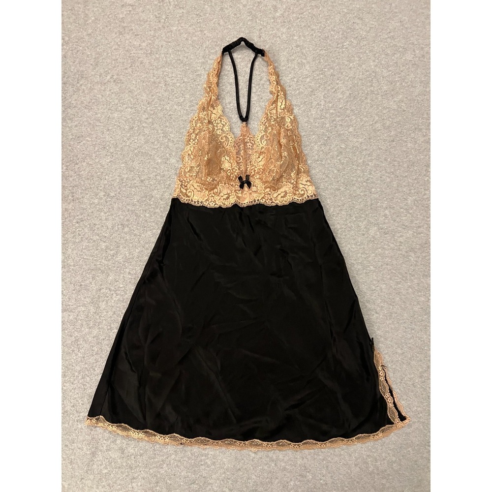 Victoria's Secret Babydoll Lingerie Women's Small Black Gold Lace Chemise Halter